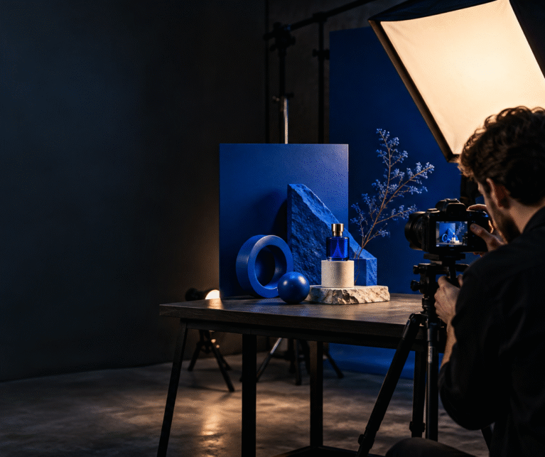 Content creator producing a premium digital campaign in a modern studio.