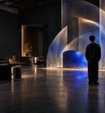 1. A creative professional viewing a blue illuminated sculptural installation in a contemporary design studio.