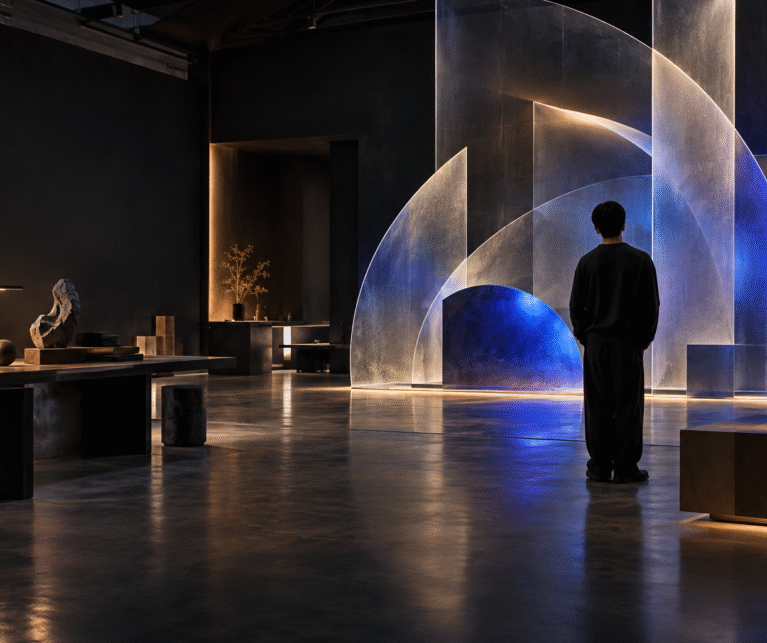 1. A creative professional viewing a blue illuminated sculptural installation in a contemporary design studio.