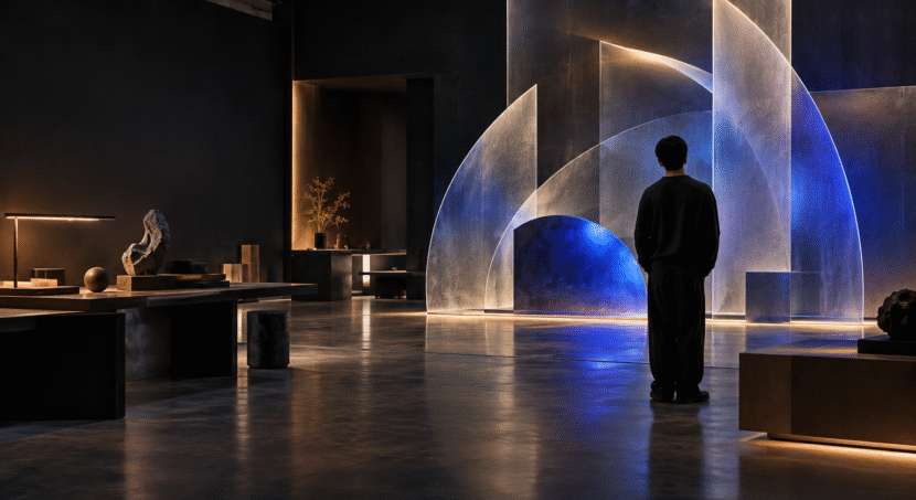 1. A creative professional viewing a blue illuminated sculptural installation in a contemporary design studio.