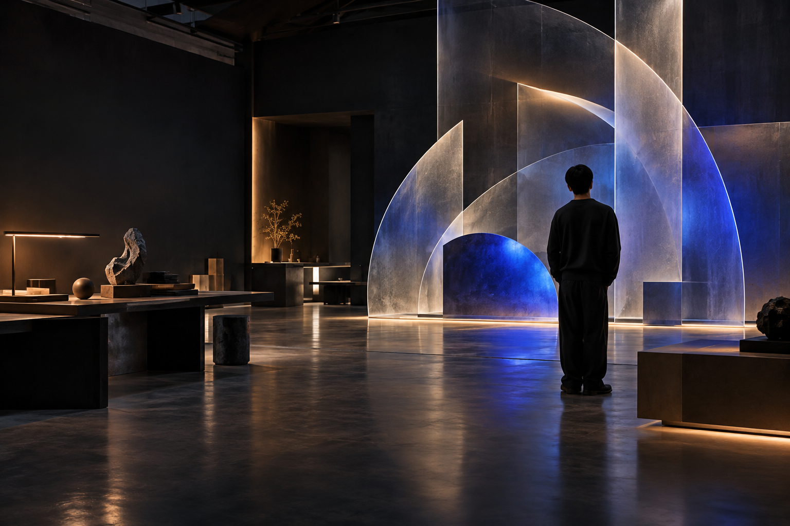 1. A creative professional viewing a blue illuminated sculptural installation in a contemporary design studio.